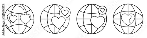 Monochrome line art vector illustration of globes with hearts expressing love