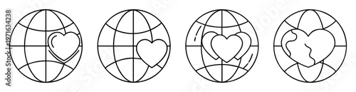 Four black and white world globe and heart design variation icons