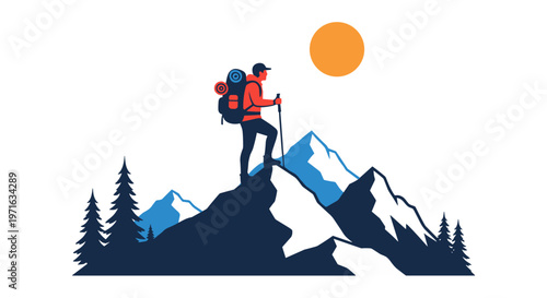 A determined hiker stands triumphantly atop a rugged mountain peak, gazing at the sun-drenched landscape with towering pine trees below.