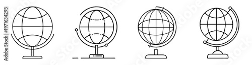 Outline illustration featuring four different globes on stands in a row