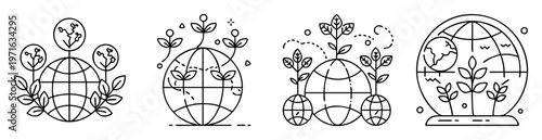 minimalist illustrations of globes and plants representing the harmony between nature and the planet