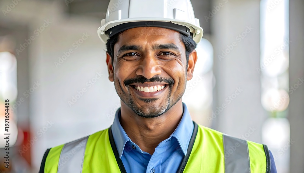 Fototapeta premium Smiling construction worker in safety gear looking at camera.