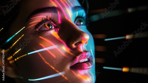 Young Woman Face With Neon Light Lines In Futuristic Tech Concept
