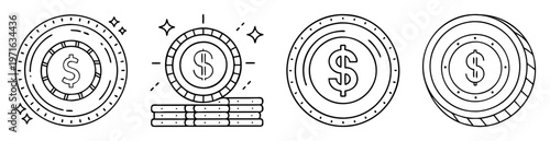 Four different dollar coins in line art vector illustration format