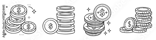 stacks of shining dollar coins, black and white line drawing style