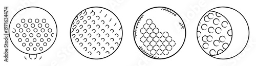 Black and white illustration showing the evolution of a golf ball