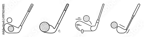Black and white line art illustration of golf clubs and balls