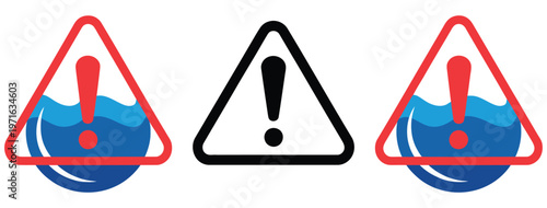 Water drop warning sign icons with exclamation mark, water hazard alert and caution symbols, liquid danger notification icon set, flood risk and contamination warning concept
