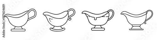 Line art depiction of four sauceboats or gravy boats with handles