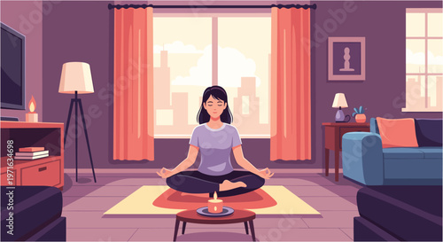 A serene woman practices mindful meditation in a comfortable living room, finding inner peace and balance amidst a tranquil home environment.