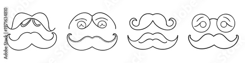 Collection of stylized mustaches in black outline on white background, varied designs