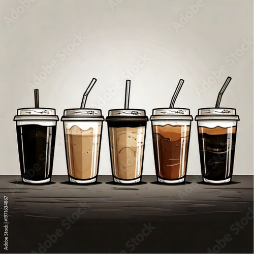Five iced coffee drinks in clear plastic cups with straws.
