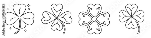 Four different four leaf clover black and white line drawing designs