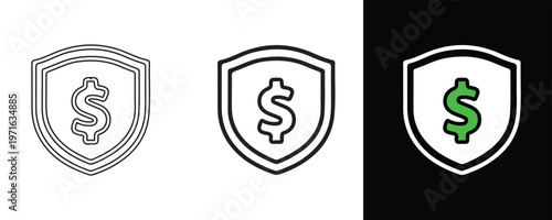 Financial Security Shield: Representing financial protection, this graphic depicts a shield, adorned with a dollar sign, in various styles. Emphasizing security, it symbolizes economic safeguarding.