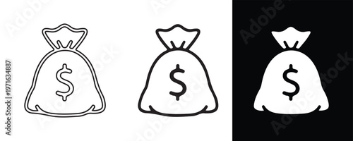 Money Bag Icon Sets: Clean and versatile money bag icons showcasing the universal symbol of wealth and financial stability in various styles.