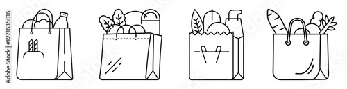 Line art illustration of four grocery paper bags with different contents