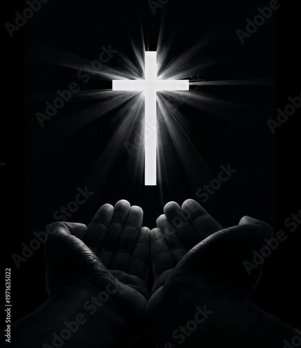 Christian cross with glowing light and praying hands in the dark, concept of faith and hope.