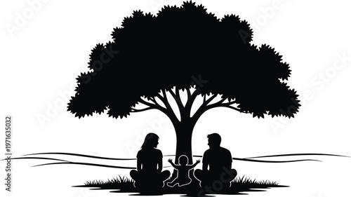 Family tree silhouette with parents and child, black oak tree vector illustration, symbolic genealogy and heritage concept art for family history