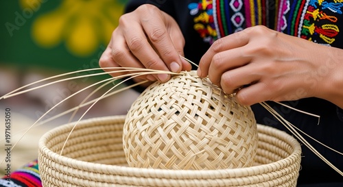 Fotografie Filipino artisan crafts a traditional basket from natural fibers amid colorful h