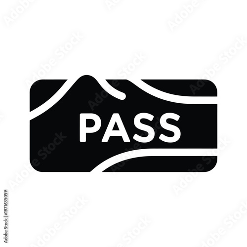 Black and white pass symbol featuring the word pass on a card shape.