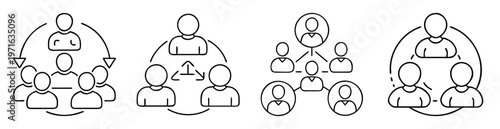 Black and white representation of various communication and hierarchical structures between people