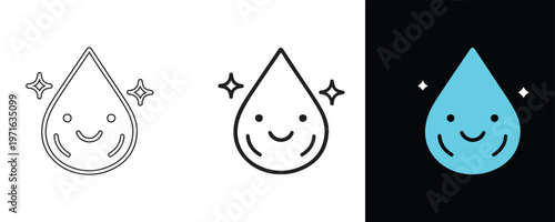 Joyful Water Drop Icon Set: A trio of stylized water drop icons, each emanating a sense of purity, simplicity, and cheerfulness with a smiling face. Featuring designs for various applications
