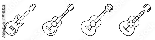 Line Art Representation of Stringed Instruments, Electric Guitar, Ukulele, Acoustic Guitar