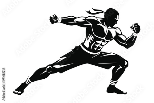 a kickboxer in a fighting stance silhouette line art vector illustration