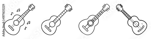 Four line art illustrations of ukuleles with a clean and simple design