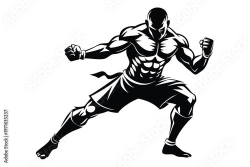 a kickboxer in a fighting stance silhouette line art vector illustration