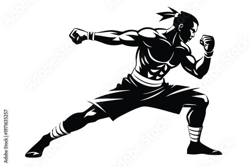 a kickboxer in a fighting stance silhouette line art vector illustration