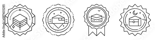 Elegant line art badges featuring symbolic structures, reminiscent of sacred sites