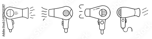 Line art illustration showcasing different hair dryer styles emitting hot air