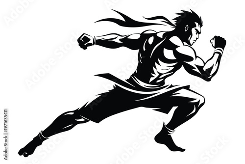 a kickboxer in a fighting stance silhouette line art vector illustration
