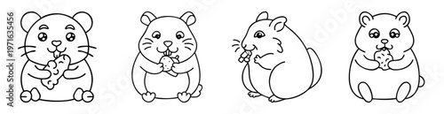 Collection of four adorable hamster outline drawings, each holding food