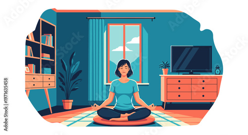 A serene woman practices mindful meditation in a tranquil living room, finding inner peace and balance amidst her daily routine.