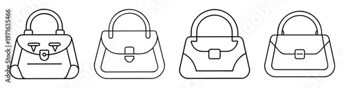 A set of four outline drawings of handbags with different clasps
