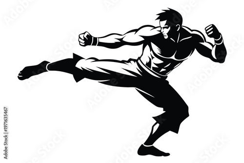 a kickboxer in a fighting stance silhouette line art vector illustration