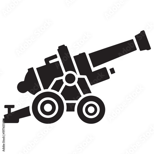 Heavy artillery cannon silhouette icon aimed for long-range bombardment, representing military power, historical warfare, and defense technology in a minimalist flat design style.