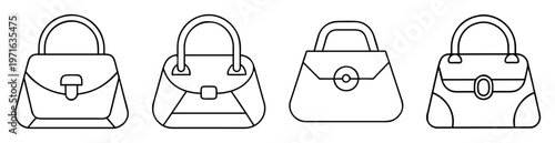 Four different fashionable handbags are depicted in a black and white outline