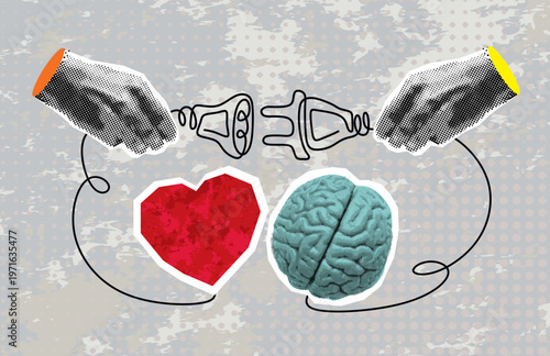 Trendy Halftone Collage. Emotional intelligence, control of feelings, emotions, brain logical thinking, empathy, social skill, self-control, balance, man connects, heart, brain, logical thinking,