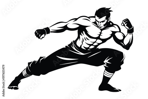 a kickboxer in a fighting stance silhouette line art vector illustration