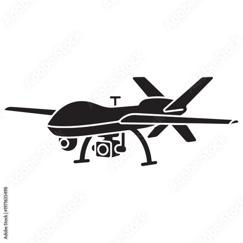 Black Silhouette of a Military Surveillance Drone with Camera Gimbal and Landing Gear Isolated on White Background, Representing Modern Unmanned Aerial Vehicle Technology and Security Systems.