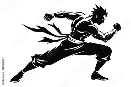a kickboxer in a fighting stance silhouette line art vector illustration