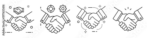 Four variations of handshake line art representing agreement and collaboration deals