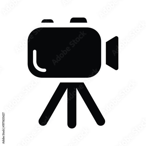 A black and white illustration of a camera mounted on a tripod stand