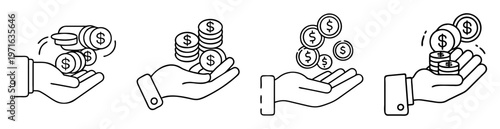 Hands in various stages of giving and receiving dollar coins, isolated illustrations
