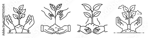 Illustrations representing caring hands holding a sapling, conveying growth and environmental awareness