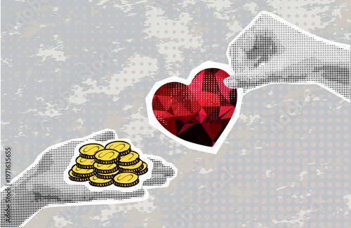 Trendy Halftone Collage hand with gold coins and   hand with heart. Exchange money for love  - the concept of buying love. Modern collage style. Vector illustration

