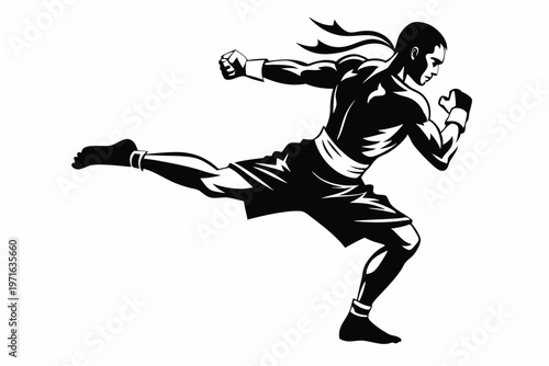 a kickboxer in a fighting stance silhouette line art vector illustration